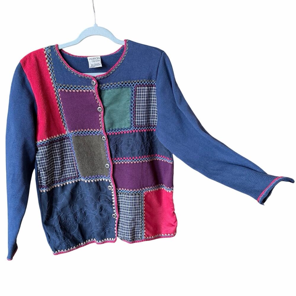 Vintage Allison Daley patchwork quirky cardigan sweater large cotton blend